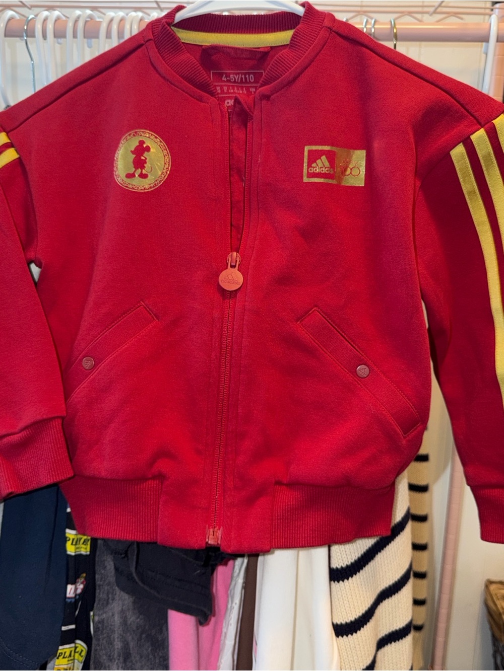 adidas Red Kids Zip-Up Sweatshirt with Yellow Stripes